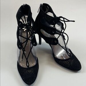 Karl Lagerfeld Paris Black Suede Laser Cut Lace Up Heels Womens Sz 8